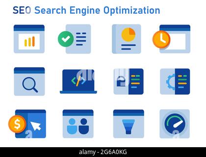 SEO icon search engine optimization graphic set of website analytics report user visitor data and keyword meta tag code performance Stock Vector