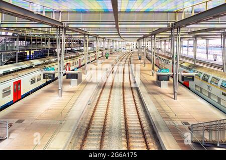 Train platforms and tracks of Oostende (Ostend) train railway station, Belgium. Stock Photo