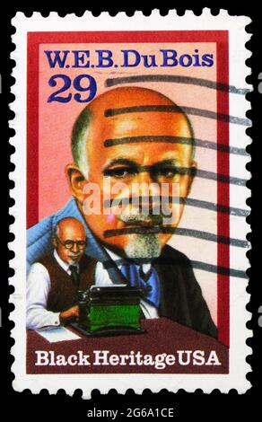 MOSCOW, RUSSIA - APRIL 18, 2020: Postage stamp printed in United States shows W.E.B. Du Bois (1868-1963), Civil Rights Leader, Black Heritage Series s Stock Photo