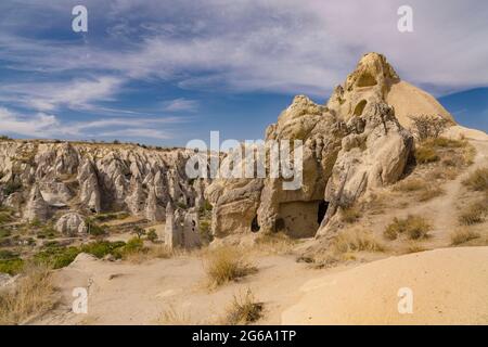 Uchisar, 04,October,2018: Volcanic rock formations in the shape of cave houses on Uchisar valley hills ,Cappadocia ,Turkey Stock Photo