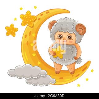 Cute ram or sheep cartoon character. Aries zodiac sign. Funny farm lamb animal with star stand on crescent moon. Muslim holiday Kurban Bayrami. Vector Stock Vector