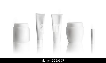 Cream tube mockup with white jar and lipstick on white background. Cosmetics packaging mock up. Vector illustration. Stock Vector