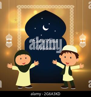 Boy and girl wish each other of Eid al-Adah Mubarak in the Eid night on the golden background Stock Vector