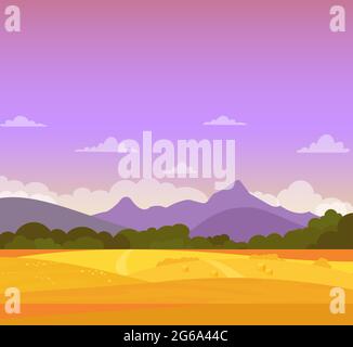 Vector illustration of beautiful colorful autumn landscape with fields, mountains and sky. Farmland concept, flat cartoon style. Stock Vector