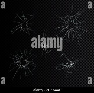 Vector illustration set of broken glass effects set with cracks and holes on dark transparent background, broken smartphone gadgets screen concept. Stock Vector