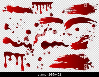 Vector illustration set of blood spots, smears, spilled red paint, paint splatters. Halloween concept, ink or blood splatter background, isolated on Stock Vector