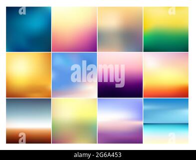 Vector illustration set of 12 square blurred backgrounds in pastel colors. Beautiful sunset gradients and sunrise sea blurred background collection. Stock Vector