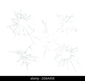 Vector illustration of cracked crushed realistic glass set on the white background. Bullet holes, broken smartphone display concept. Stock Vector