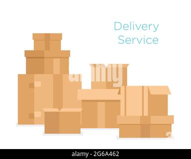 Vector illustration of pile of stacked sealed goods cardboard boxes. Delivery concept in flat cartoon style isolated on white background. Stock Vector