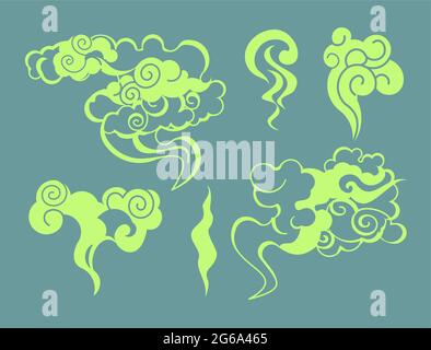 Vector illustration of cartoon smoke, stinky smell bubbles, aroma streams collection, odour toxic green color in flat style. Stock Vector