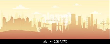 Vector illustration of panoramic industrial silhouette landscape with factory buildings and pollution in flat style. Stock Vector