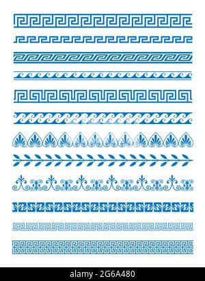 Vector illustration set of Greek patterns and ornaments on white background. Wave and meander decorative elements set blue color. Stock Vector