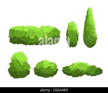 Vector illustration set of garden green bushes and decorative trees different shapes. Shrub and bush collection in cartoon style isolated on white Stock Vector