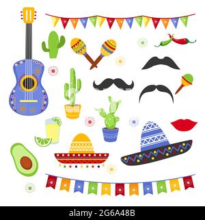 Vector illustration set of decorative elements for Fiesta. Collection of Cinco de Mayo design, flat cartoon style mexican hats, avocado, tequila Stock Vector