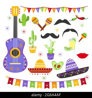 Vector illustration set of carnaval fiesta elements in bright colors and mexican style. Cinco de Mayo collection sombreros, a guitar, cactus flowers Stock Vector