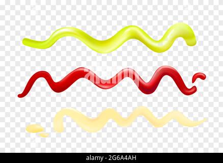 Vector illustration colorful set of depicting strips of different sauce, ketchup, mayonnaise, wasabi spots on transparent background. Stock Vector