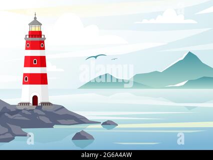 Vector illustration of blue sea background with waves and mountains. lighthouse on the rocks, sea landscape with blue sky, fog. Stock Vector