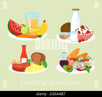 Vector illustration set of different breakfast, food icons. Milk, orange juice, fruits, meat, coffee, bread and salad, oatmeal, yogurt in cartoon flat Stock Vector