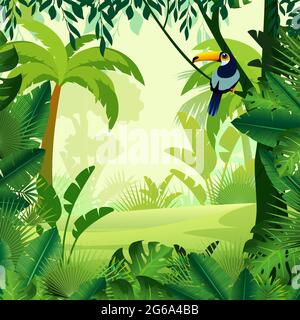 Vector illustration of beautiful background morning jungle. Bright jungle with ferns and flowers. For design game, websites and mobile phones Stock Vector