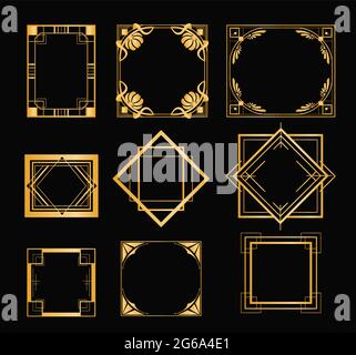 Vector illustration set of art deco frames in golden color. Vintage elements in style of 1920s for your design on black background. Stock Vector