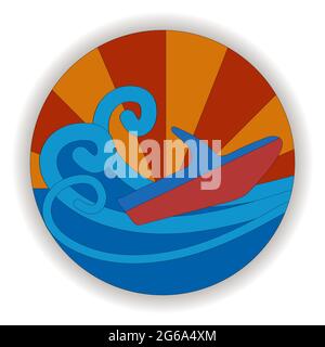 Stylized illustration of a water scooter. Jet ski, waves and sunset. Round emblem. Water transport sticker or embroidery. Vector. Stock Vector