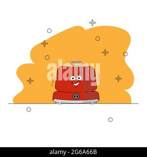 Electric waffle maker in cartoon style. Emotional character of kitchen appliances. Red appliance on an orange background. Vector illustration of a gri Stock Vector