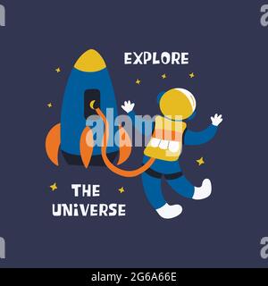 Astronaut in space next to a rocket. Travel in a spaceship. Explore the universe. Colorful vector illustration hand drawn print Stock Vector