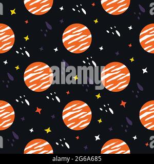 Seamless pattern with planets and stars. Outer space. Black background. Colorful vector illustration hand drawn. Print or packaging, textile or card Stock Vector