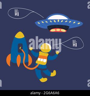 Meeting of astronaut and UFO in space. Friendly greeting. Flying saucer and rocket. Colorful vector hand drawn illustration. Travel in a spaceship to Stock Vector