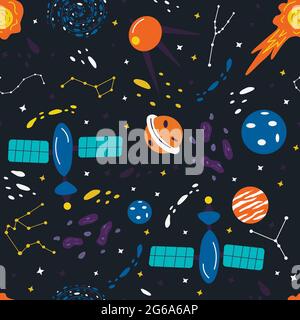 Seamless pattern with elements of the universe. Planets, stars and the milky way, artificial satellite and meteorite. Colorful vector illustration han Stock Vector