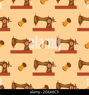 Seamless pattern sewing machine and thread. Colorful vector illustration hand drawn. Sewing. Wrapping or background vintage Stock Vector