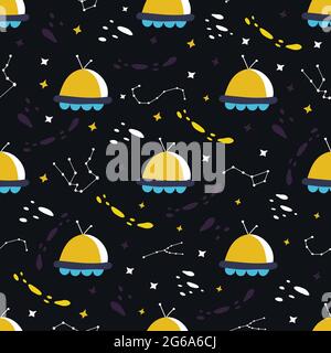 Seamless pattern with elements of the universe. Ufo, stars and constellations, flying saucer. Colorful vector illustration hand drawn. Print or packag Stock Vector