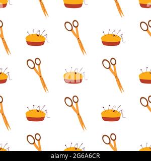 Seamless pattern needle pillow and scissors. Pincushion. Colorful vector illustration hand drawn. Sewing. Wrapping or background Stock Vector
