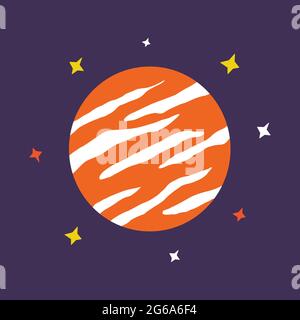 Planet and stars in outer space. Colorful hand drawn vector illustration. Jupiter red with stars print Stock Vector