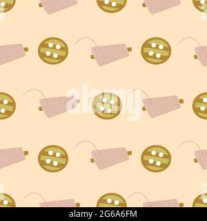 Seamless pattern buttons and spool of thread. Colorful vector illustration hand drawn. Sewing. Fabric, wrapping or background Stock Vector