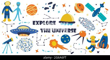 Set of elements explore the universe. Hand drawn vector colorful isolated illustration. Meteorite, artificial satellite, planet with stars, nebula, mi Stock Vector