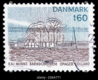 MOSCOW, RUSSIA - APRIL 18, 2020: Postage stamp printed in Denmark shows Kaj Munk's Childhood Home, Opager, Danish Tourist Association - Zealand & Surr Stock Photo