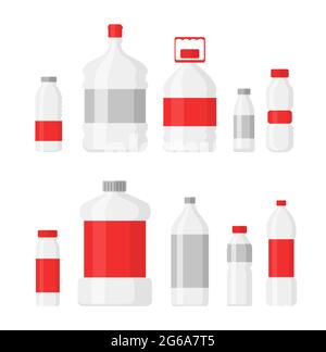 Vector illustration set of plastic bottles for drinking water and liquids, PET, recyclable. Different shapes of bottles with red labels in flat Stock Vector