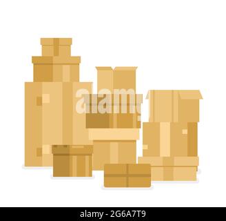 Vector illustration pile of stacked sealed goods cardboard boxes. Delivery containers brown color in flat style isolated on white background. Stock Vector