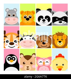 Vector illustration of adorable cute baby animals on color backgrounds for banner, flayer, placard for children in flat cartoon style. Stock Vector