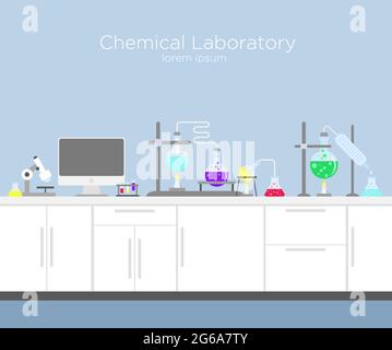 Vector illustration of chemical laboratory. Chemistry infographic s with various chemical solutions and reactions, computer and different tools in Stock Vector