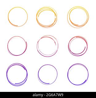 Vector illustration of hand drawn colorful circles, round frames by crayon set isolated on white background. Stock Vector