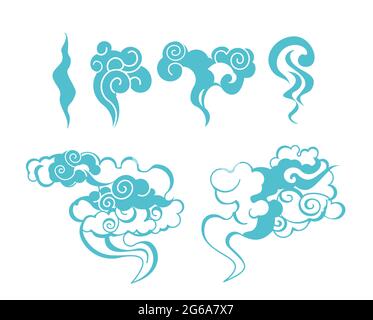 Vector illustration set of cartoon smoke blue color on white background in flat style. Stock Vector