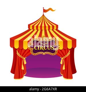 Vector illustration of bright colors circus tent with beautiful emblem isolated on white background. Stock Vector