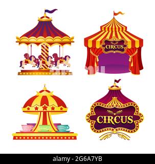 Vector illustration set of carnival circus emblems, icons with tent, carousels, flags isolated on white background in bright colors. Stock Vector