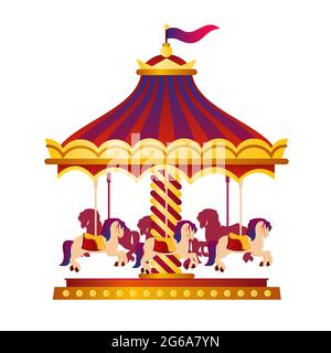 Vector illustration of colorful and bright circus carousel, roundabout with horses, circus concept in cartoon style on white background. Stock Vector