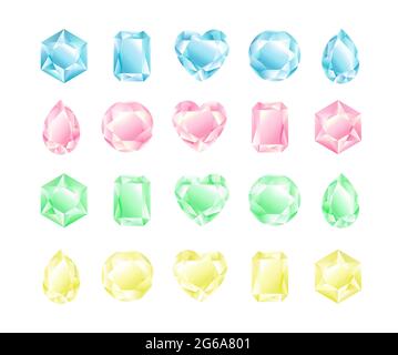 Vector illustration set of crystals different shapes and colors, diamonds collection, pastel colors. Stock Vector