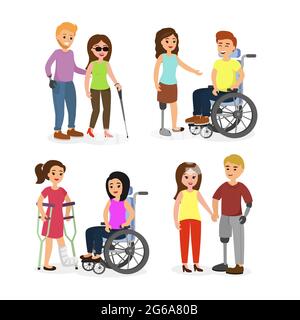 Vector illustration set of disabled people with friends, walking and speaking happy young people with wheelchair and crutches in cartoon flat style. Stock Vector