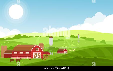 Vector illustration of farm with large fields, cows and sheeps, farm animals on beautiful landscape background. Milk farm and herd cows, eco food Stock Vector