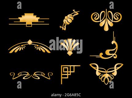 Vector illustration set of art deco borders elements and frames in golden color, texture of shiny gold. Stock Vector